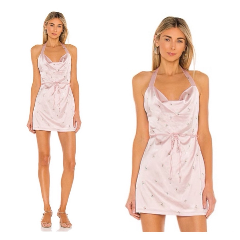 Hansen & Gretel Esta Pink Floral Satin Cowl Halter Neck Mini Dress Size L NEW